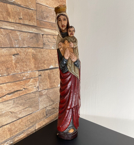 Antique Statue Madonna and Jesus Child Carved Wood 20th-century Wooden Art Rare⭐ - Picture 4 of 13