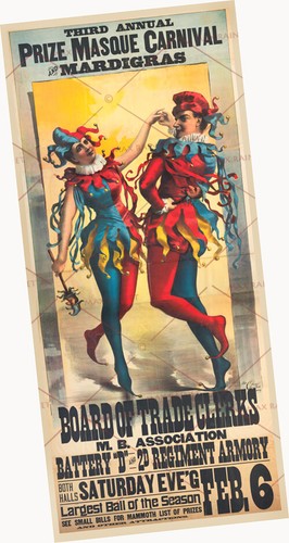 Máscara Carnaval Mardigras 1894 Bufón Bailarines Minstrales Nueva Impresión ARTE 7.5" X 16" - Imagen 1 de 12