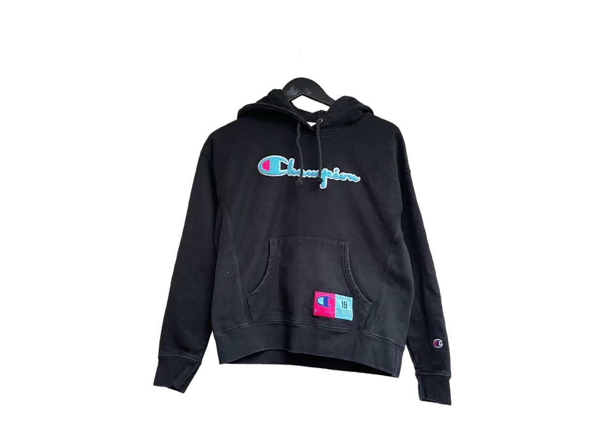 Champion Reverse Weave Chenille Embossed Black Hoodie Medium Pink Blue Crop