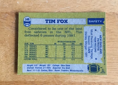 Tarjeta de fútbol americano Topps #148 1982 autógrafo firmado por Tim Fox New England Patriots - Imagen 2 de 2