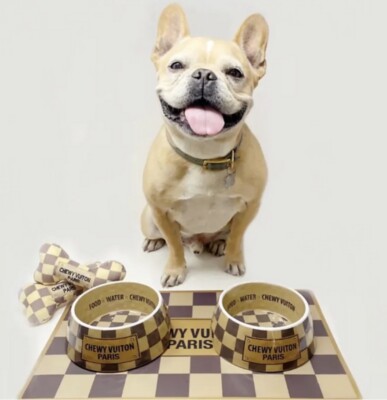 CHEWY VUITON Limited Edition Dog Bowls & Placemat Luxury Bundle Set NWT