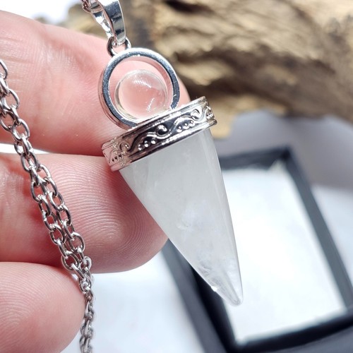 Quartz Cone Pendant Quartz Ball Necklace 18" Chain Gemstone Jewellery & Boxed - Picture 8 of 11