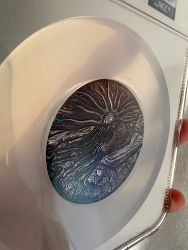 Moneta da 8 dollari rara terra 2018 5 oz argento altorilievo patina diamante dorato NGC MS69 FR - Foto 4 di 5