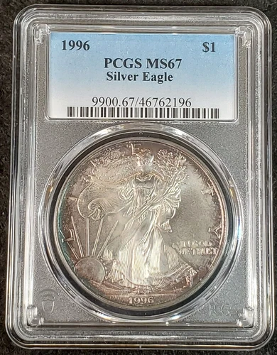 1996 $1 PCGS MS67 Silver American Eagle Blue Toning 9900.67/46762196