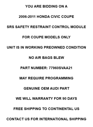2006-2011 Honda Civic Coupe SRS Safety Restraint Module ECU OEM W/Warranty - Picture 2 of 8
