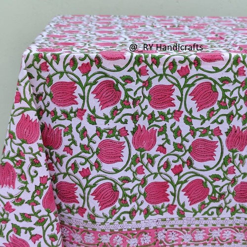 Pink & Green Indian hand Block Print tablecloth Floral Cotton Custom Table cover - Picture 6 of 10