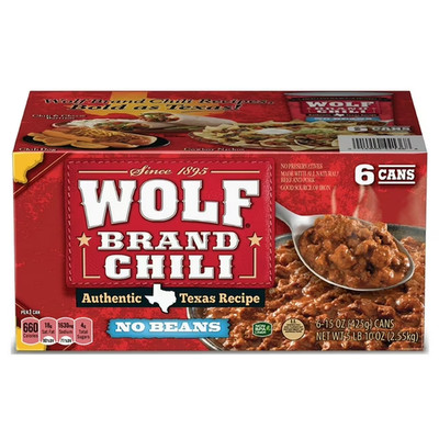 Wolf Brand No Bean Chili 15oz (6 Pack) Classic Texas Style Beef Chili Ready Meal