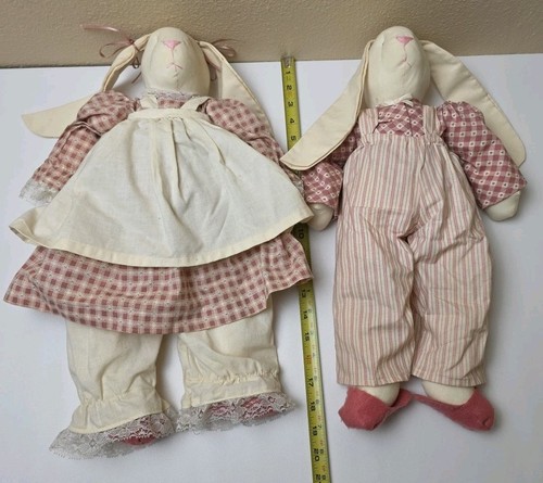 Pair Of VTG 90’s Handmade Muslin Long Eared Country Bunny Rabbits Boy Girl 17.5" - Picture 8 of 10