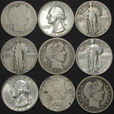 Lot of 9x 90% Silver Quarters Barber, Standing Liberty, & Washington (2x 1897 O)