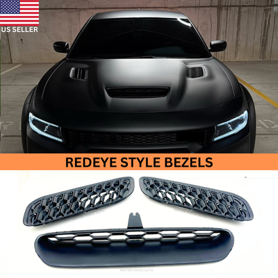 Motor Force Auto Hood Bezel Vent Set For 15-23 Dodge Charger – Redeye Style Fit For SRT Hellcat, R/T, Scat Pack – Black Clip-On Front Bezels, No Drilling Needed - View #2