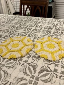 Handmade Crochet Yellow & White 7” Diameter Pot Holders Hot Pads MCM