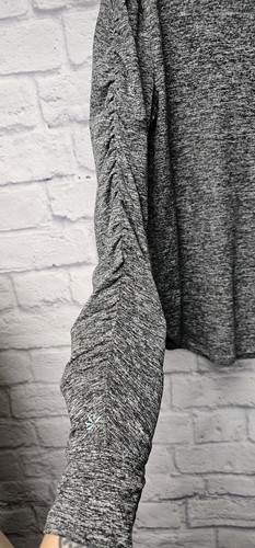 ATHLETA GIRL L 12 GRAY BLACK MARLED RUCHED SLEEVE QUICK DRY HOODIE ATHLETIC TOP - Picture 6 of 16