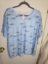 NWT Alfred Dunner Blue Nautical Boat Graphic Shirt "Set Sail" Plus Size 3X 
