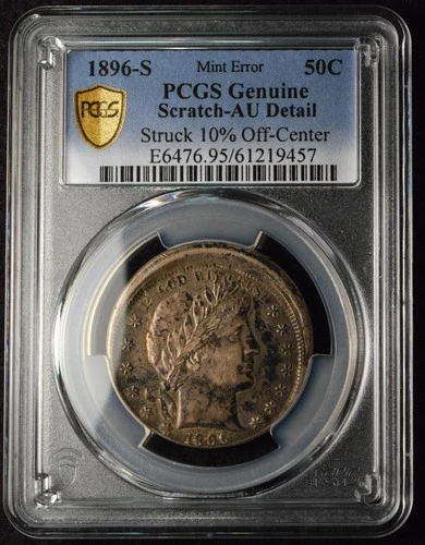 1896-S 50C BARBER SILVER HALF DOLLAR AU DETAILS 10% OFF CENTER ERROR