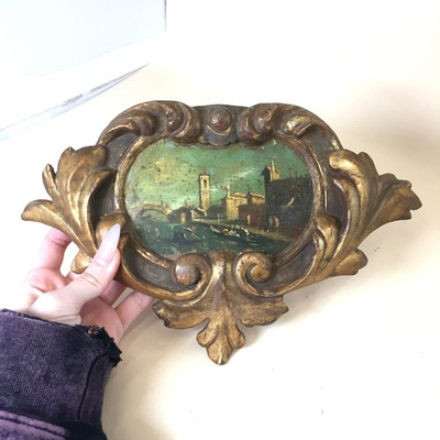 #ad #ad Late 19th century Italian hand painted harbor scene on decorative giltwood panel $125.00