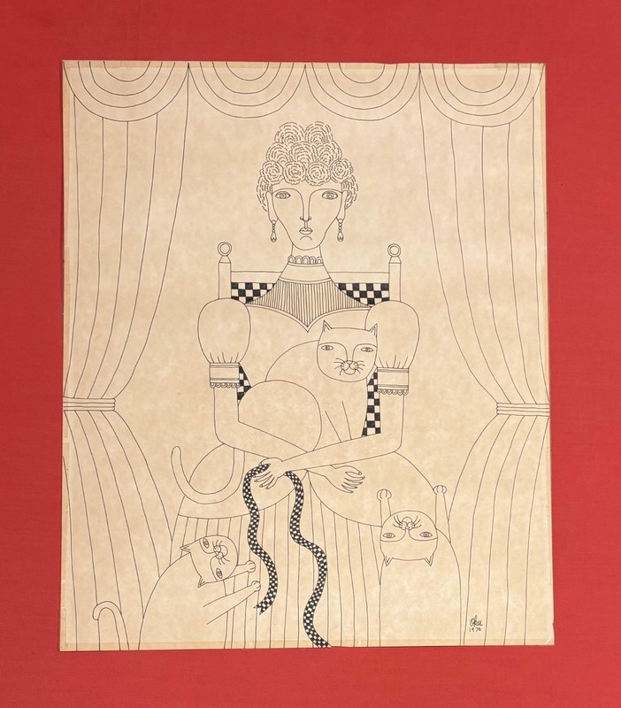 OKU (Shigeo Okumura) LADY WITH THREE CATS Orig. pen & ink drawing signed 1977