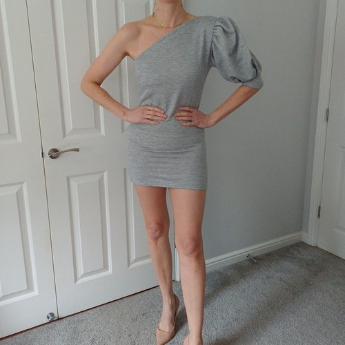 size 8 grey mini dress New Summer Holiday Boohoo one shoulder Puff Sleeve Party - Picture 1 of 3