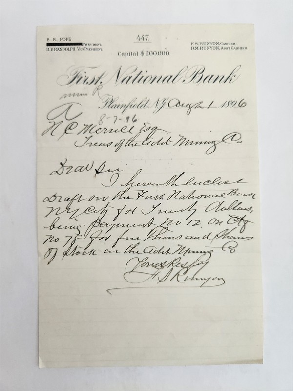 1896 antique FIRST NATIONAL BANK plainfield nj LETTER ni wot mining denver co