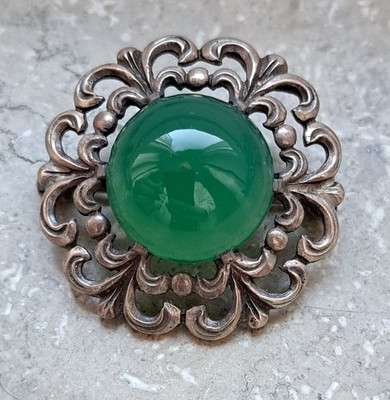 Vintage 835 Silver Brooch with Green Chalcedony Cabochon   Floral Design  ...