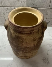 Antique rustic  brown Salt Glaze pottery crock 9 inches tall 5 inches wide