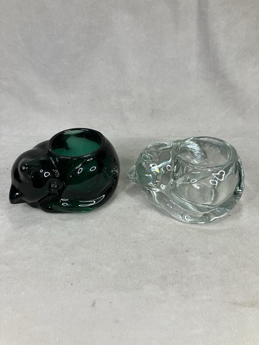 2 Vintage Indiana Glas Kristall schlafende Katze Votivkerze Teelichthalter - Bild 1 von 7