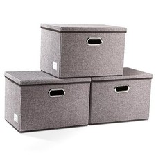Large Collapsible Storage Bins with Lids 3-Pack Linen/Cotton L 3-Pack Gray