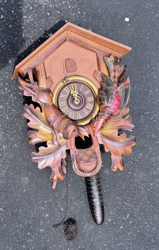 Vintage Handmade Black Forest Wood Brass Cuckoo Clock Germany With Rabbit Bird