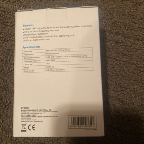 BOYA BY-M110 Ultracompact Condenser Microphone with 3.5mm TRRS Plug NIB - Zdjęcie 3 z 3