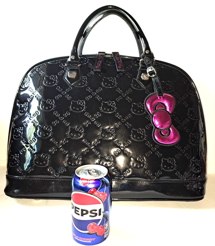 XL HELLO KITTY TRAVEL TOTE BAG CARRY 18"W 13"T BLK PINK PATENT VINYL CAT GIRLS - Picture 1 of 9