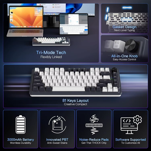 Redragon K673 PRO 75% Wireless Gasket RGB Gaming Keyboard 81Key Hot-Swap TriMode - Picture 6 of 8