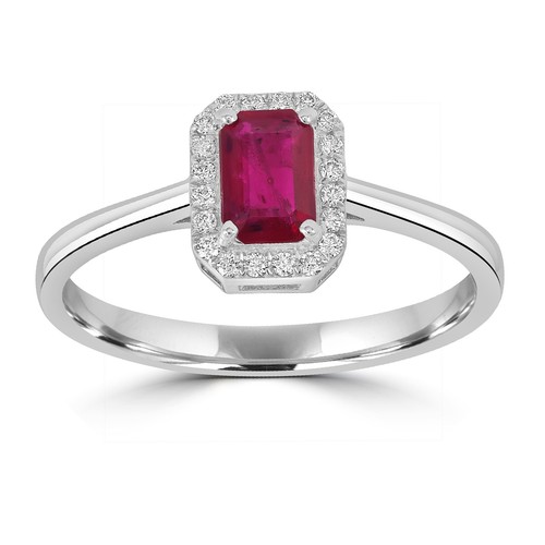 Anillo de oro blanco de 18 quilates con halo de diamantes rubí corte... - Imagen 3 de 6