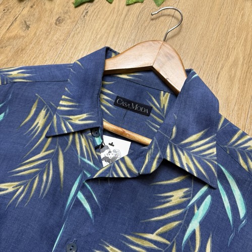 VINTAGE MEN’S HAWAIIAN SHIRT SIZE L BLUE TROPICAL LEAF PRINT by CASA MODA (h59) - Picture 3 of 5