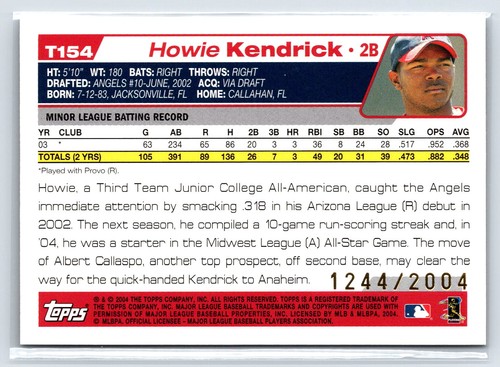 2004 Topps Traded & Rookies Gold #T154 Howie Kendrick /2004 - Picture 2 of 2
