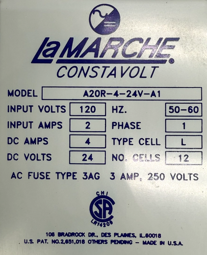 LaMarche Constavolt A20R-4-24V-A1 24VDC 4A Charger, 120VAC Input - Picture 2 of 6