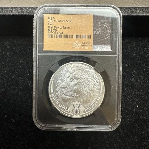 2019 South Africa 5 Rand Big Five Lion 1 oz Silver NGC MS 70 FDOI first day 