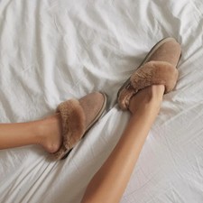 Beige Sheepskin Slippers for Women   Natural Sheepskin Home Mules Shoes