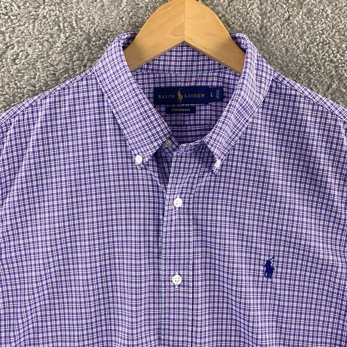 Ralph Lauren Performance Button Down Shirt Mens Large Purple Check Nylon Stretch - Picture 6 of 10