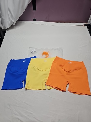 OQQ 3 Stück für Damen Yoga Shorts Training sportlich Medium, blau, gelb, orange