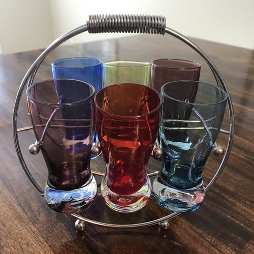 Mid Century Modern Mehrfarbig Cordial Schnapsgläser Metall Caddy Ständer Barware - Bild 3 von 13