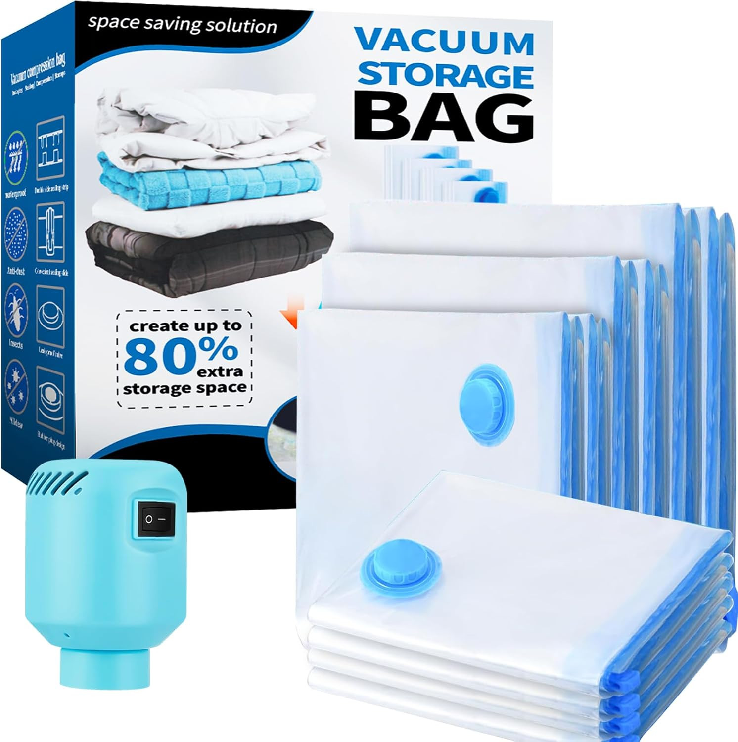 Bolsas De Almacenaje Al Vacio 10 Piezas 2XL+2L+2M+4S Con Bomba De Aire Eléctrico