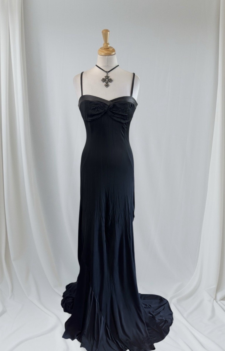 Black Goddess Evening Gown Long Train Low Back Draped Chains Elegant Formal  Glam
