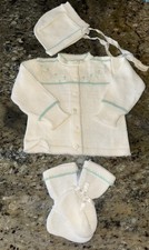 Vintage Infant White Cream Sweater Booties Bonnet Hat Set Mint Baby Girl