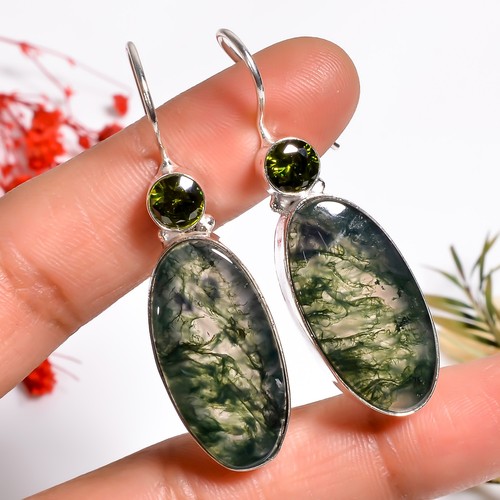 Moss Agate Peridot Gemstone Handmade Jewelry.925 Silver Earrings 1.8" jk_12810