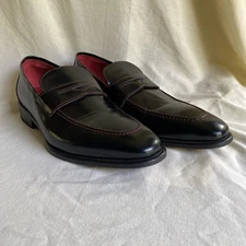 Paul Fredrick Men’s Cooper Black Penny Loafer Red Stitching Sz 12- Made in Italy