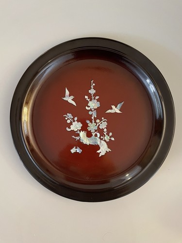 Vintage Japanese Lacqerware Plate With Applied Abalone Shell Birds and Flowers - Picture 2 of 6