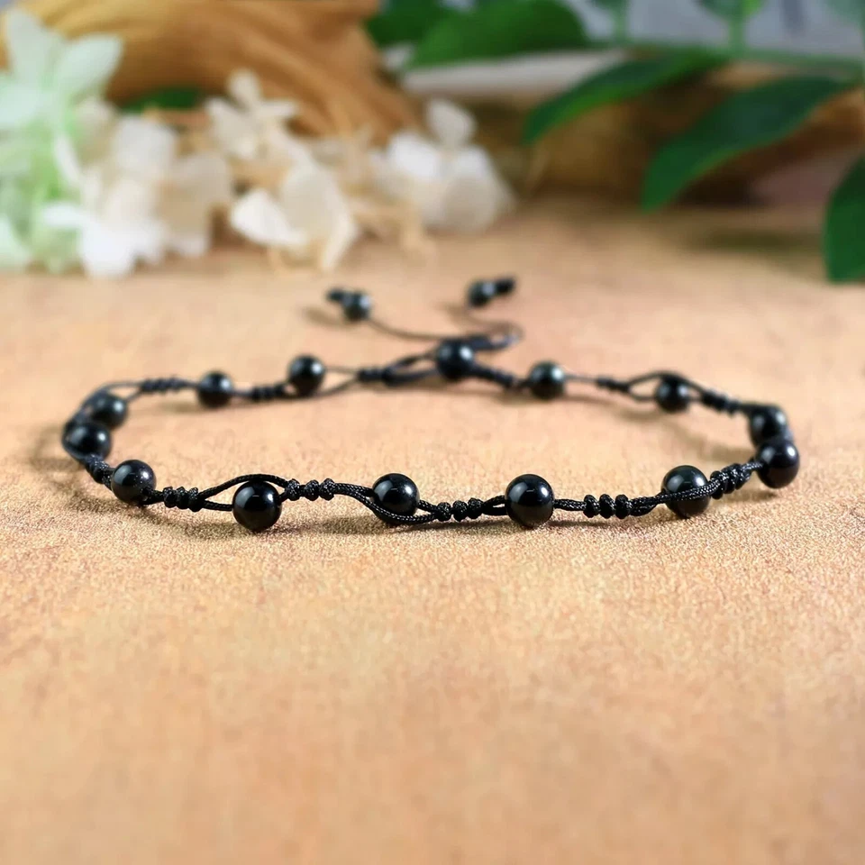Obsidian Stone Anklet Bracelet Natural Black Gemstone Crystal Braided Anklet - Image 3 of 4