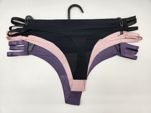 XOXO Women's S M L XL 3 Pack Side Cutout Thong Panties Black Lilac Purple - Picture 2 of 2