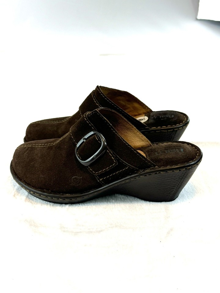Born Mules Slip On Clogs Buckle Strap Brown Suede Leather Wedge Heel Sz