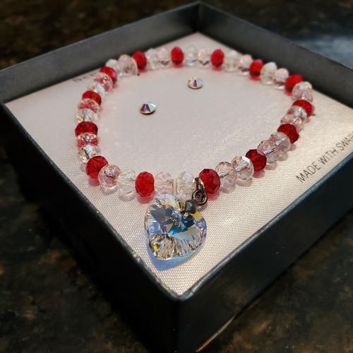 Swavorski Crystal Strech Charm Bracelet Earring Set Heart Red Pink Valentine's - Picture 2 of 3