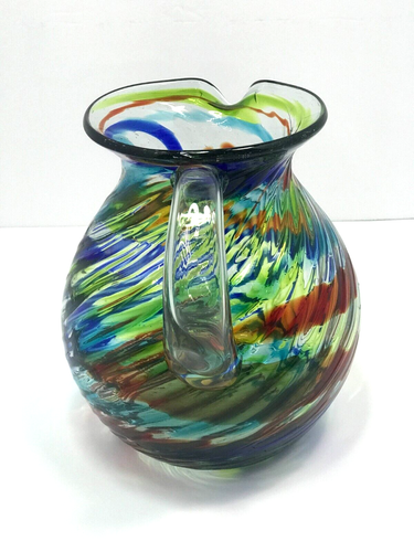 Art Glass Hand Blown Colorful Abstract Swirl Water Pitcher MCM Psychedelic Chic - Picture 4 of 19